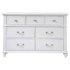 a white dresser with drawers and knobs