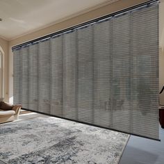 a living room with an area rug and large window covered in grey blinds that are open to the outside