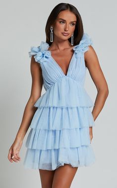 Hayden Mini Dress - Low Back Tulle Tiered Dress in Light Blue Light Blue Ruffled Evening Dress, Spring Party Backless Dress With Ruffles, Spring Blue Backless Party Dress, Blue Tulle Mini Dress For Wedding, Blue Backless Dresses With Ruffles, Blue Backless Dress With Ruffles, Elegant Blue Tulle Mini Dress, Blue Mini Tulle Dresses, Chic Light Blue Backless Mini Dress