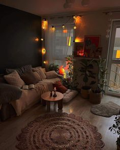 a living room filled with furniture and lots of lights