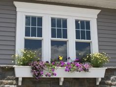 two windows with flower boxes in front of them