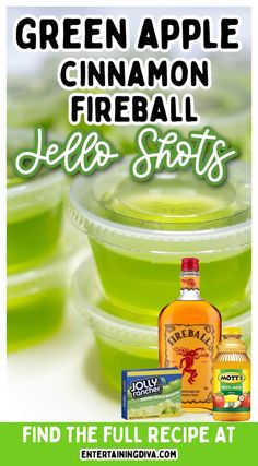 green apple cinnamon fireball jello shots with text overlay that reads, find the full recipe at