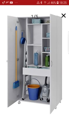 a white cabinet with tools and cleaning supplies