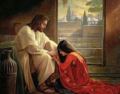 a painting of jesus sitting next to a woman