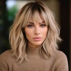 Classic Shoulder Length Cut with Light Wispy Fringe Medium Length Haircut Blonde Bangs, Blonde Shoulder Length Hair With Fringe, Medium Length With Fringe Bangs, Medium Layered Bob With Curtain Bangs, Long Hair With Bottleneck Bangs, Hair Styles With A Fringe, Medium Length Haircut With Bangs Blonde, 38 Year Old Hairstyle, Best Bangs For Round Face Over 40