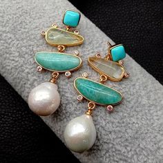 Natural Turquoise Amazonite Prehnite Freshwater Pearl Drop Earrings – Glam Duchess Luxury Natural Stone Earrings, Turquoise Pearl Earrings, Rare Pearls, Amazonite Earrings, Amazonite Jewelry, Freshwater Pearl Drop Earrings, Turquoise Drop Earrings, Turquoise Earrings Dangle, Stud Earrings Gold