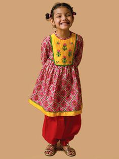 Red-Yellow Hand-Embroidered Printed Cotton Kurta Salwar Set with Gota Work and Beads Kurtas For Women, Gota Work, Baby Dress, Red Yellow