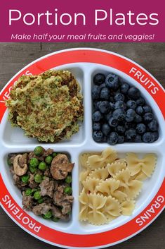 a plate with different foods on it and the words portion plates make half your meals and veggies