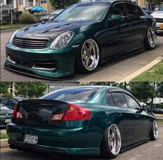 two pictures of a green car parked on the street