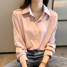 Autumn Casual Chiffon Shirt Women Office Lady Shirts Fashion Ladies Chiffon Shirts, Chiffon Style, Lapel Top, Women Korean Fashion, Colorful Crop Tops, Chiffon Fashion, Shirts Women Fashion, Women Office, Spring Fashion Outfits