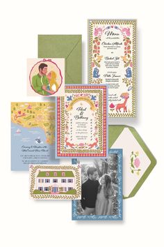 the wedding stationery is displayed in different colors and patterns, including green, pink, blue