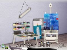 an artist's studio with easel, paint and canvases