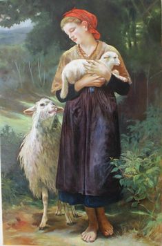 a painting of a woman holding a lamb