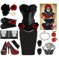 a woman in black dress with red roses and accessories