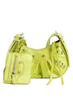 a yellow handbag with multiple compartments and straps on the front, sitting against a white background