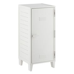 a white cabinet with holes on the front and bottom doors, is shown against a white background