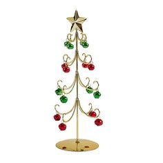 a small christmas tree with ornaments on it's sides and a star hanging from the top