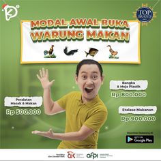 an advertisement for the upcoming model awal buka warung makan, which features a man with his hands in the air