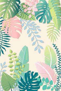 an image of tropical leaves and plants on a white background with blue, green, pink, and yellow colors