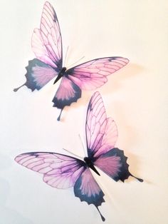 two purple butterflies flying in the air on a white surface with no one around them