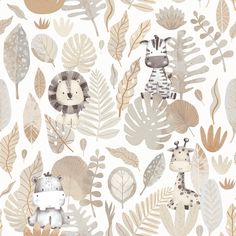 an animal themed wallpaper with giraffes, zebras and leaves on it