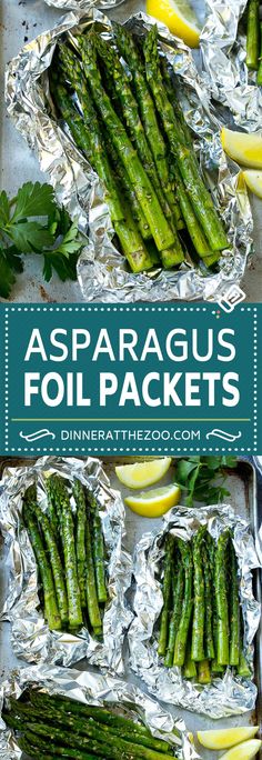 asparagus foil packets with lemon wedges and parsley