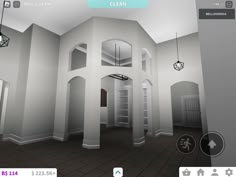 a virtual view of a house with an open door and two lights hanging from the ceiling