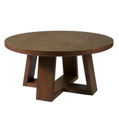 a round wooden table with two intersecting legs