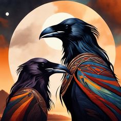 two black crows standing next to each other in front of a full moon and mountains