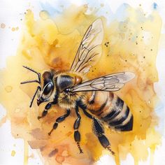 a watercolor painting of a bee on yellow and blue paint blotches with black spots