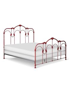 a metal bed frame with red iron posts