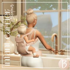 a mother and her child are washing their hands in the bathtub with plants on the window sill