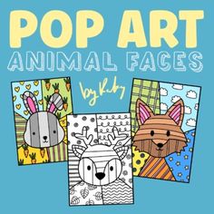 the pop art animal faces book is shown in four different styles and colors, including one with