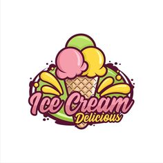 an ice cream logo with the word ice cream delicious on it's front and bottom corner