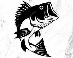 a black and white image of a fish with its mouth open on a marble background