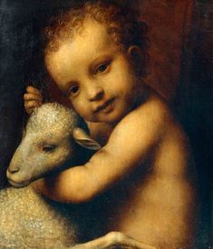 a painting of a child holding a sheep