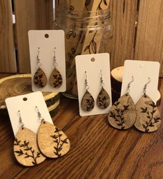 Wooden Teardrop Vine Earrings | Etsy Wooden Earrings Diy, Wood Burned Earrings, Wooden Teardrop Earrings, Wood Jewelry Diy, Vine Earrings, Engraving Projects, Wood Jewelery, Engraving Ideas, Laser Cut Wood Earrings