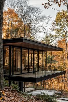 a glass house in the woods surrounded by autumn foliage and trees with leaves on the ground