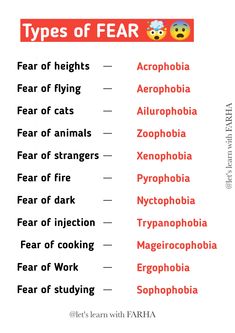 the types of fear are shown in red and black, with an emoticive description below