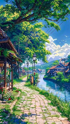 Aesthetic Anime Places, Anime Scenery Backgrounds, Aesthetic Anime Scenery Wallpaper, Anime Landscape Wallpaper, Anime Village, Pixel Art Landscape, Japanese Art Prints, Desktop Wallpaper Art