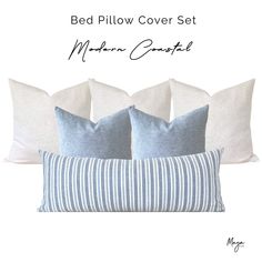 the bed pillow cover set is made with blue and white striped pillows