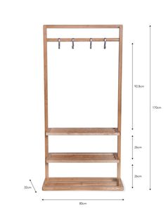 the measurements for a wooden coat rack with two hooks on each side and one hanging rail