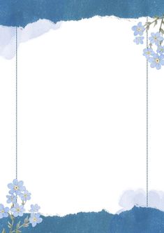 a blue and white background with flowers on the bottom left corner, and an empty space in the middle