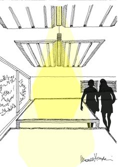 two people are walking up the stairs in front of a sunlit room with wooden beams