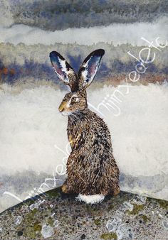 a painting of a brown rabbit sitting on top of a mossy rock with the words happy easter written across it