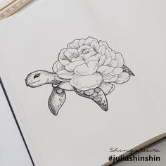 a drawing of a turtle with a flower on its back