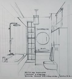 a drawing of a bathroom with a toilet, sink and bathtub next to a shower