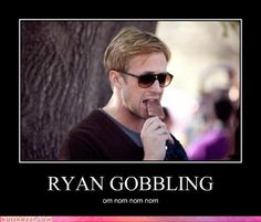 a man in sunglasses is eating something with the caption ryan gobbling on it