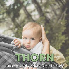 a baby in a stroller with the words thorn on it's side and an image of a person holding his head