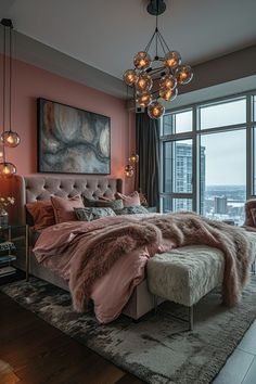 a bedroom with pink walls and a large window